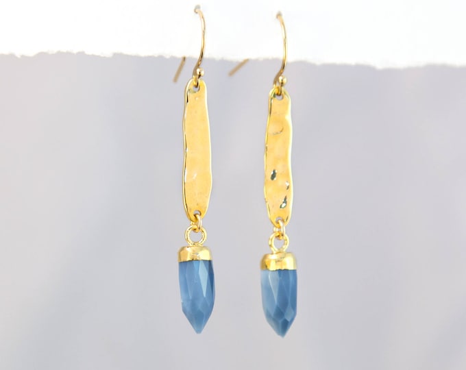 Blue Opal Drop Earrings, Hammered Earrings Dangle, Gold Hammered Bar, Gemstone Spike Earrings, Edgy Earrings, Best Friend Gift, Trendy Gifts