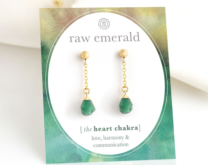 Raw Emerald Crystal Earrings, Drop Post Gold Stud Chain Earrings, Minimalist Earrings, Summer Earrings, Fun Cute Earrings, Gift for Bestie
