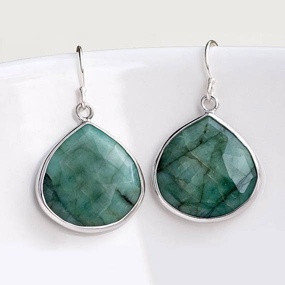 Sterling Silver Raw Emerald Earrings, May Birthstone Earrings, Dangle Earrings Silver, Holiday Gift Ideas, Statement Earrings, Birthday Gift