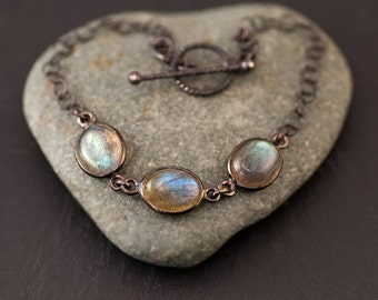 Labradorite Bracelet - Toggle Clasp - Black Oxidized Silver Bracelet - 3 Stone bracelet - Gunmetal