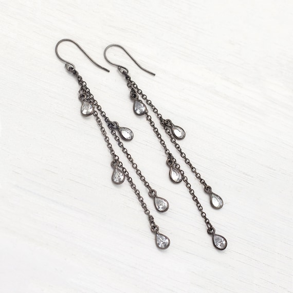 CZ Raindrop Earrings, Sterling Silver Chain Earrings, Modern Bride, Minimalist Chandelier Earrings, Summer Jewelry, Festival Earrings