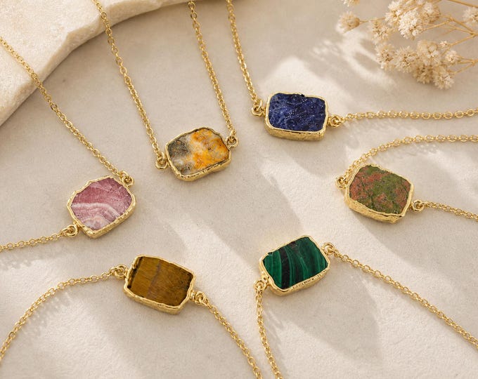 Genuine Gemstone Slice Necklace, Raw Crystal Layering Choker, Gold Filled or Sterling Silver Chains