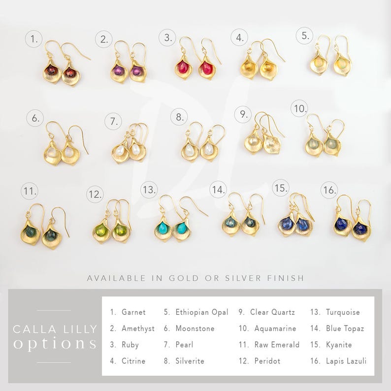 Puede incluir: Una selecci&oacute;n de 16 pares de pendientes de piedras preciosas en un engaste de oro. Los pendientes tienen forma de p&eacute;talo de flor y est&aacute;n disponibles en acabado dorado o plateado. Las piedras preciosas incluyen granate, amatista, rub&iacute;, citrino, &oacute;palo et&iacute;ope, piedra lunar, perla, silverita, cuarzo transparente, aguamarina, esmeralda en bruto, peridoto, turquesa, topacio azul, cianita y lapisl&aacute;zuli.