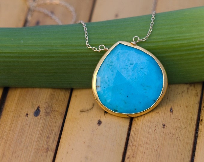Blue Turquoise Necklace - Gold Chain Necklace - Layering Necklace - December Birthstone Jewelry - Stone Pendant - Boho Necklace, NK-20