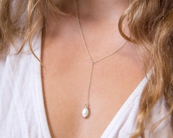 Dainty Pearl Drop Necklace, Minimalist Sterling Silver Lariat, Jewelry Set for Bride / Bridesmaid, Real Freshwater Pearl Layering Y Necklace