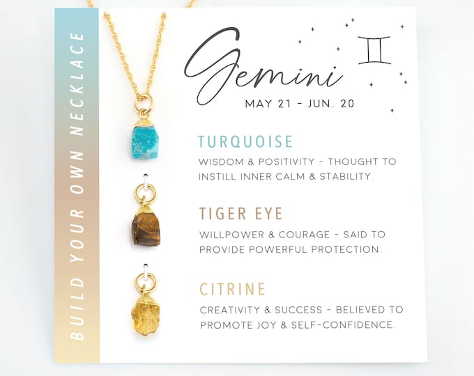 Gemini Raw Birthstone Zodiac Crystal Pendant, Removable Charms 14k Gold Filled Necklace, June Birthday Girl Gift, Necklace On a Card Gift