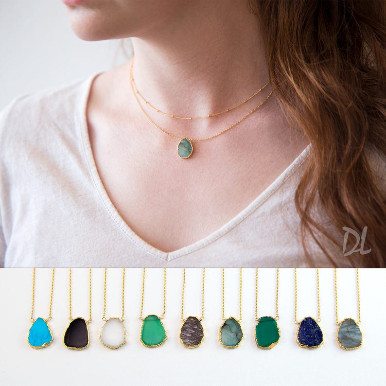 Lapis Lazuli Necklace, September Birthstone, Gemstone Slice Pendant Necklace, Layered Necklaces, Boho Jewelry, Birthday Gift, NK-VS image 2