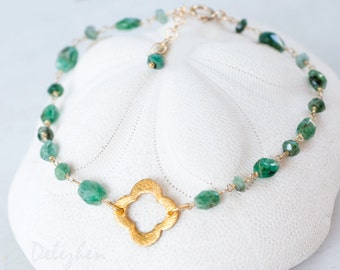 Raw Emerald Bracelet - Stack Bracelet - May Birthstone Jewelry - Gold Four Leaf Clover Bracelet - Gold bracelet - Wire wrapped