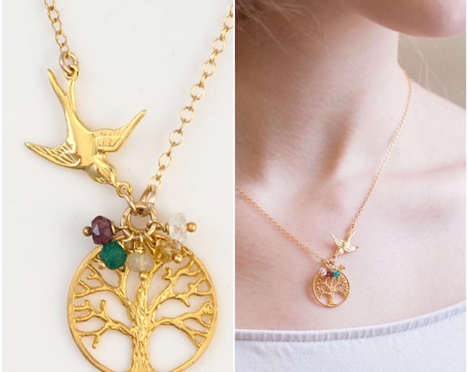 Family Tree Necklace, Mama Bird Necklace, Custom Birthstone Necklace, Unique Gift for Her, Outdoors Gift, 14k Gold Filled, Gemstone Necklace