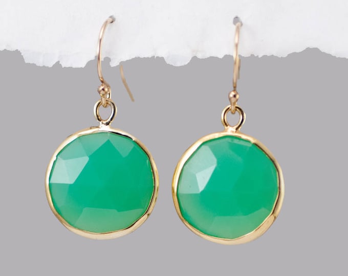 Chrysoprase Earrings, Mint Green Earrings, Round Gemstone Earrings, Gold Dangle Earrings, Stone Drop Earrings, Gold Framed Stone, Wife Gift