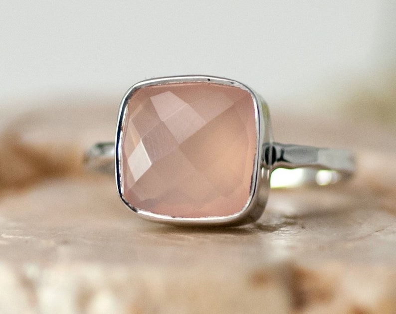 Pink Chalcedony Ring Gold, October Birthstone Ring, Rose Quartz Stone Ring, Gemstone Ring, Stackable Ring, Round Stone Ring image 5