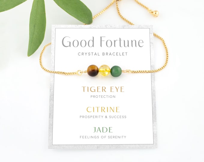 Good Luck Crystal Set Bracelet, Jade Citrine Tiger Eye Good Fortune Gift, Abundance Bracelet on Card  Crystal Meaning, Inspirational