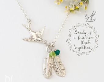 Silver Mama Bird Feather Necklace, Custom Birthstone Necklace, Family Jewelry, Gift for Mom, Birthstone Necklace for Grandma, Keepsake Gift