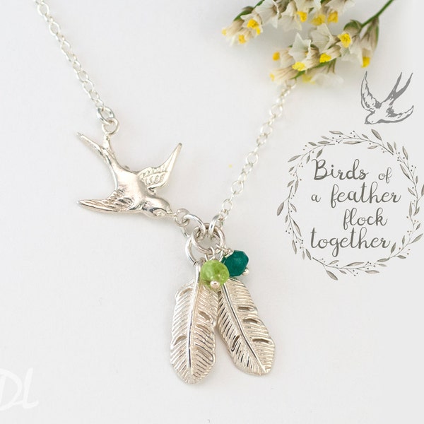 Silver Mama Bird Feather Necklace, Custom Birthstone Necklace, Family Jewelry, Gift for Mom, Birthstone Necklace for Grandma, Keepsake Gift