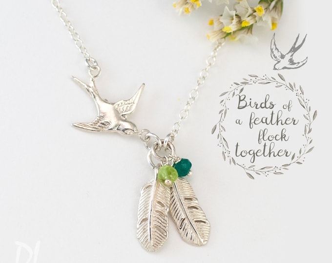 Silver Mama Bird Feather Necklace, Custom Birthstone Necklace, Family Jewelry, Gift for Mom, Birthstone Necklace for Grandma, Keepsake Gift