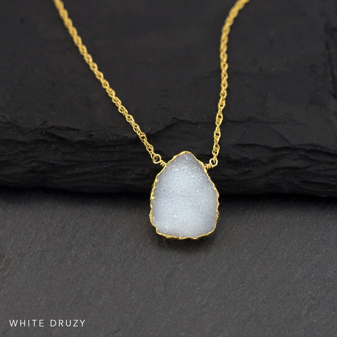 White Druzy Necklace, Raw Crystal Pendant, Sparkly Druzy Stone