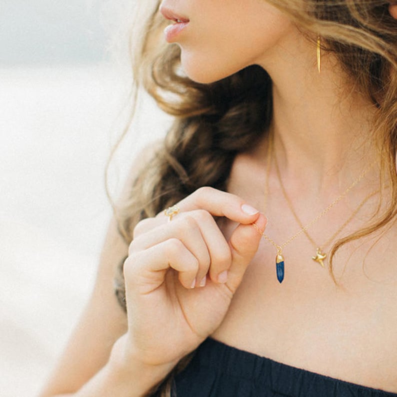 May include: A gold chain necklace with a dark blue gemstone pendant. The pendant is a long, thin, pointed shape. The necklace is worn by a person with long brown hair.