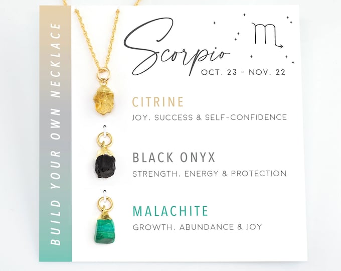 Scorpio Zodiac Raw Crystal Necklace, Personalized Zodiac  Gemstone November Birthday Gift, Crystal Kit, Malachite, Citrine