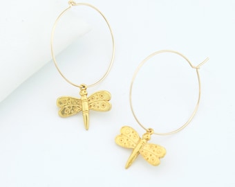 Dragonfly Charm Hoops, Statement Earrings, Woodland Jewelry, Nature Inspired Jewelry, Summer Earrings, Modern Boho, Bridesmaid Gift, HP-CM