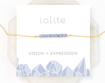 Simple Iolite Choker, Dainty Gemstone Bar Necklace, Everyday Layering Necklace, Beaded Crystal Chain, Periwinkle Something Blue Crystal Gift