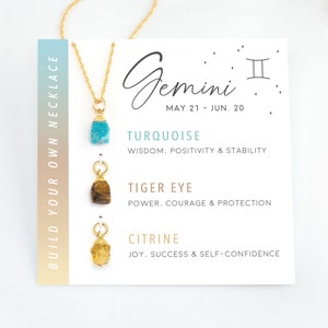 Gemini ruwe geboortesteen dierenriem kristallen hanger, verwijderbare bedels 14k gold filled ketting, juni verjaardagscadeau meisje, ketting op een kaart cadeau