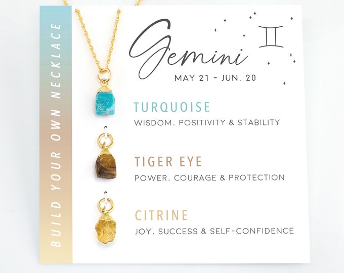 Gemini Raw Birthstone Zodiac Crystal Pendant, Removable Charms 14k Gold Filled Necklace, June Birthday Girl Gift, Necklace On a Card Gift