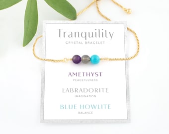 Tranquility Bracelet Crystal Set, Wire Wrapped Gemstones Adjustable Stacking Bracelet, Calming Crystal Gifts, Comforting Jewelry Friend Gift