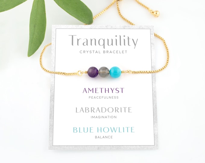 Tranquility Bracelet Crystal Set, Wire Wrapped Gemstones Adjustable Stacking Bracelet, Calming Crystal Gifts, Comforting Jewelry Friend Gift