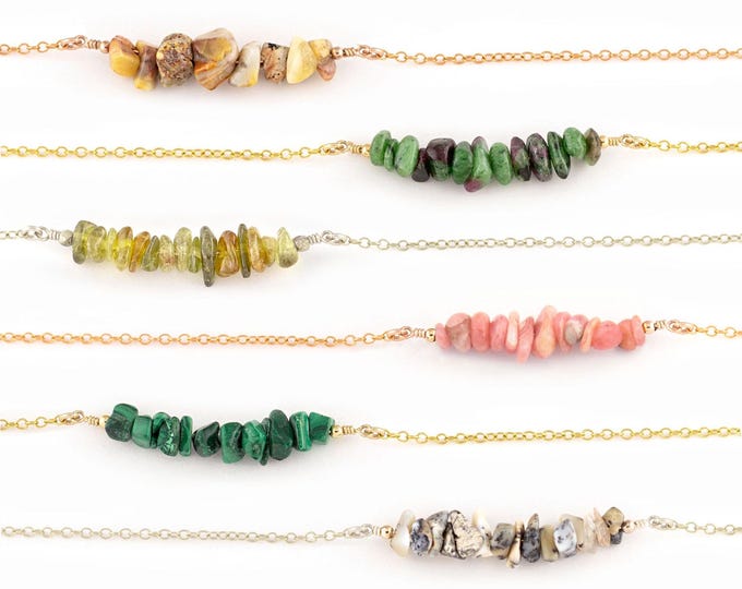 Natural Crystal Bar Necklaces, Beaded Tiny Raw Crystals, Handmade Wire Wrapped Jewelry Gift, Simple Stone Layering Choker Boho Gold Filled