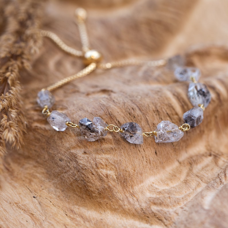 Raw Diamond Bracelet, Herkimer Diamond Beaded Bracelet Adjustable, Raw Crystal Stacking Chain Bolo Bracelet, Minimalist Bridal Jewelry Gift image 7