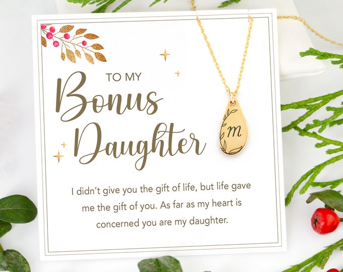 To My Bonus Daughter Gift, Gold Personalized Custom Engraved Initial Letter Necklace on Message Card, Daughter In Law Handmade Jewelry Gift