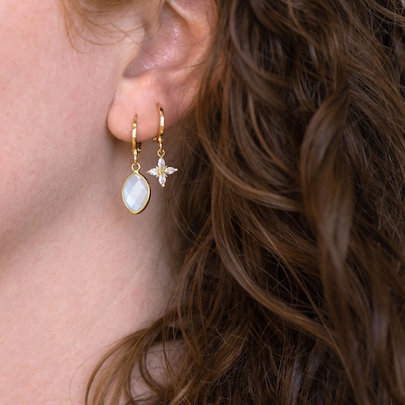 Minimalist Modern Moonstone Bridesmaid Huggie Hoop Earrings Gold, Modern Bride Jewelry, Birthstone Earrings, Trendy Timeless Crystal Gift
