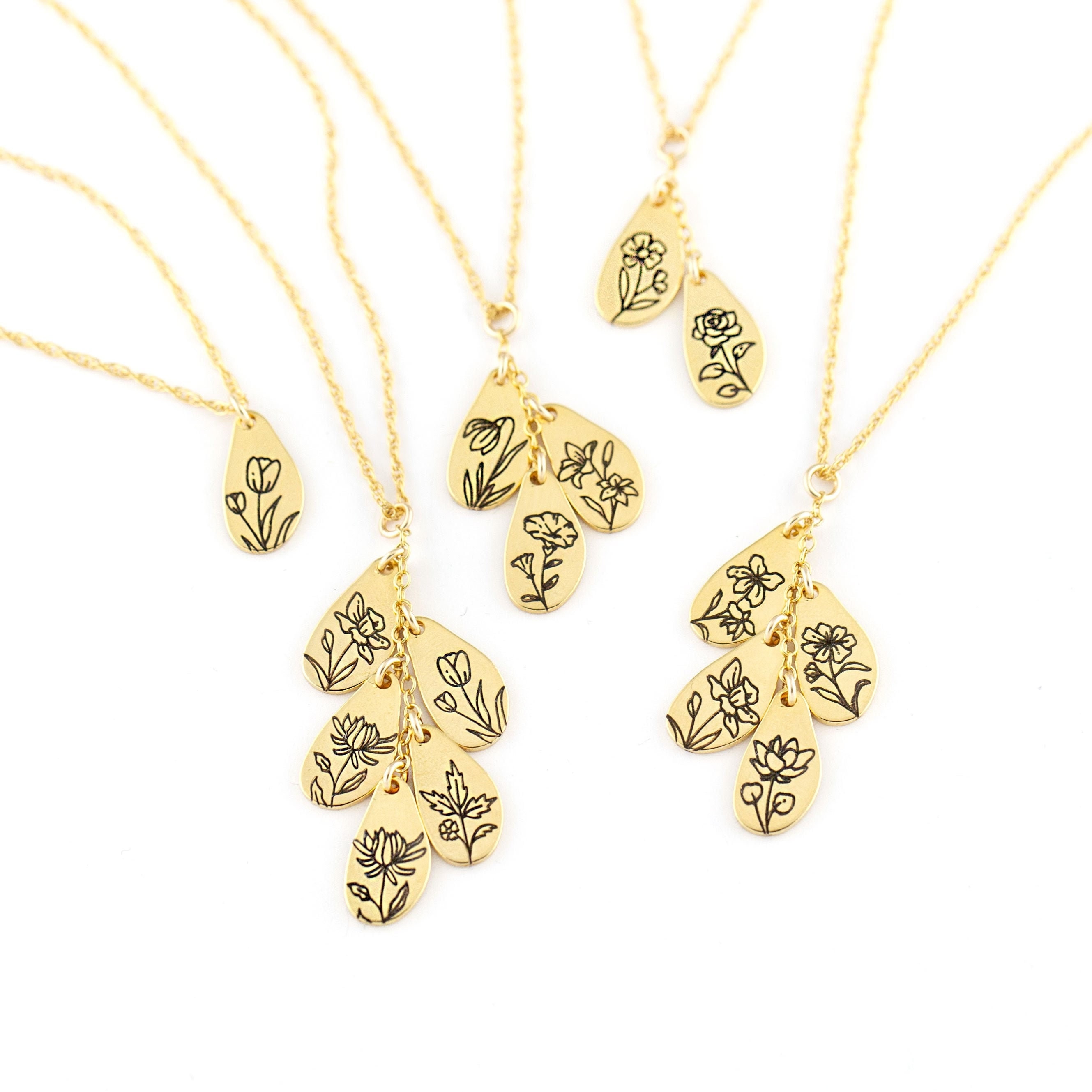 Unique Engraved Birth Month Flower Charms Cascading on a 14k Gold Chain,  Cluster of Multi Birth Flower Pendants on a Family Necklace Gift