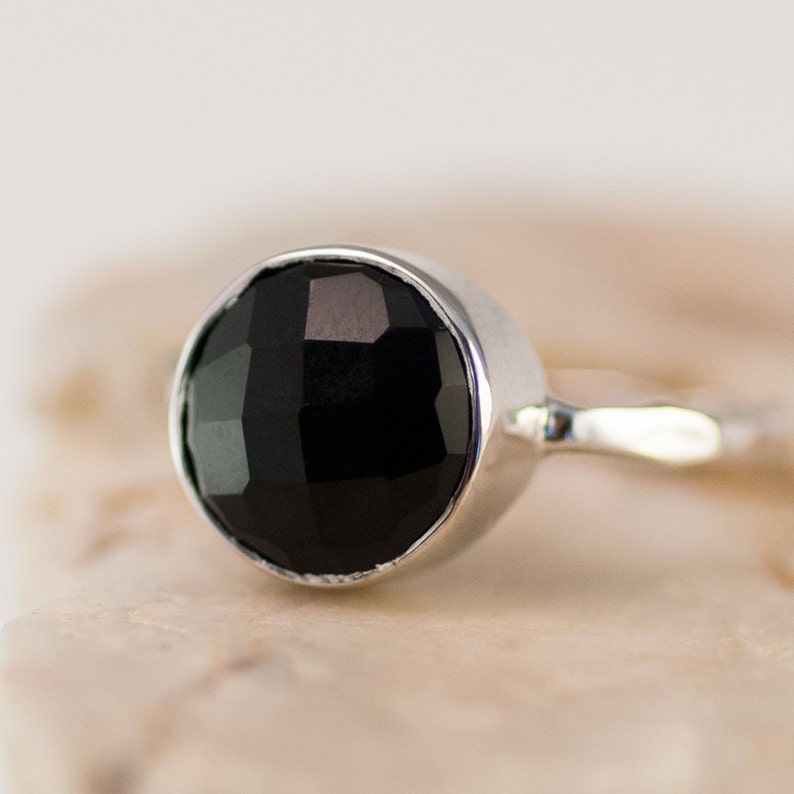 Black Onyx Ring, Round Gemstone Ring, Stacking Ring, Onyx Jewelry, Black and Gold, Modern Ring, Minimalist, Faceted Stone Ring, RG-RD image 3