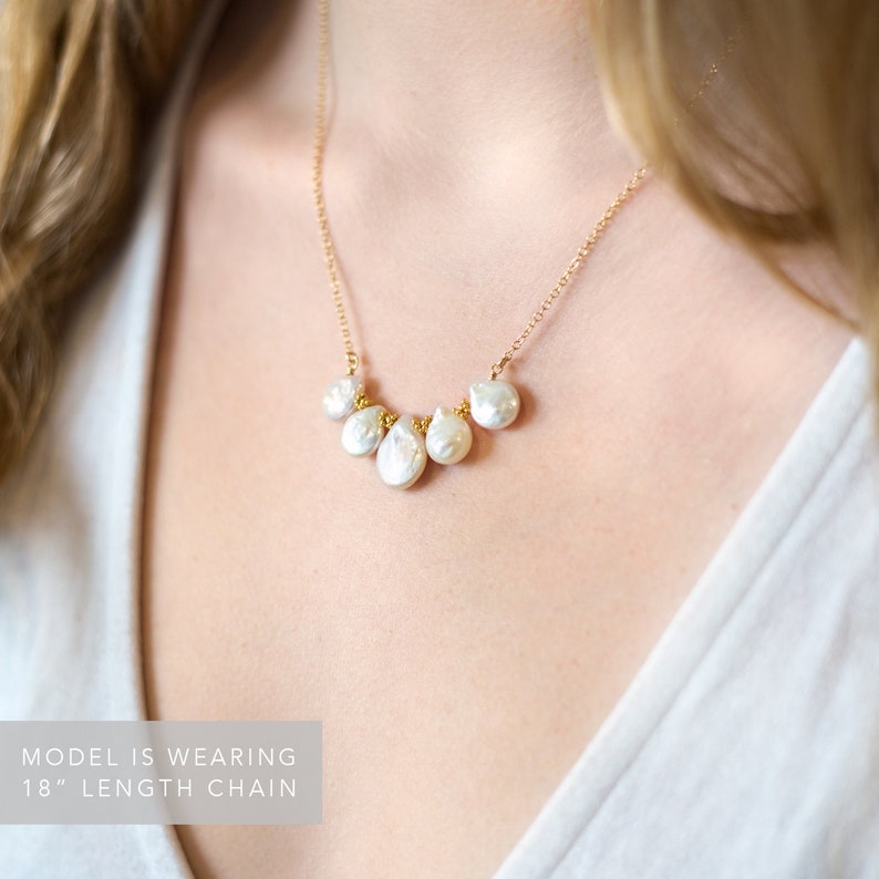Boho Pearl Statement Necklace, Natural White Keishi Pearls, Gold Filled Chain, Trendy Baroque Pearl Layering Bib Necklace, Bridesmaid Gifts image 2