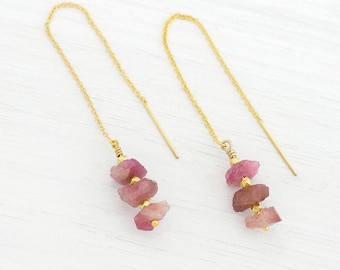 Raw Pink Tourmaline Earrings, Chain Threader Earrings, Gift for Libra, October Birthstone Earrings, Rough Pink Gemstone Jewelry, TH-RS
