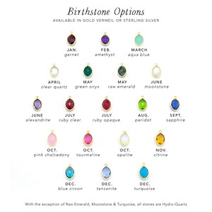 May include: Chart showing birthstone options for each month of the year. The chart features a colorful array of gemstones, including garnet, amethyst, aqua blue, clear quartz, green onyx, raw emerald, moonstone, alexandrite, ruby clear, ruby opaque, peridot, sapphire, pink chalcedony, tourmaline, opalite, citrine, blue zircon, tanzanite, and turquoise.