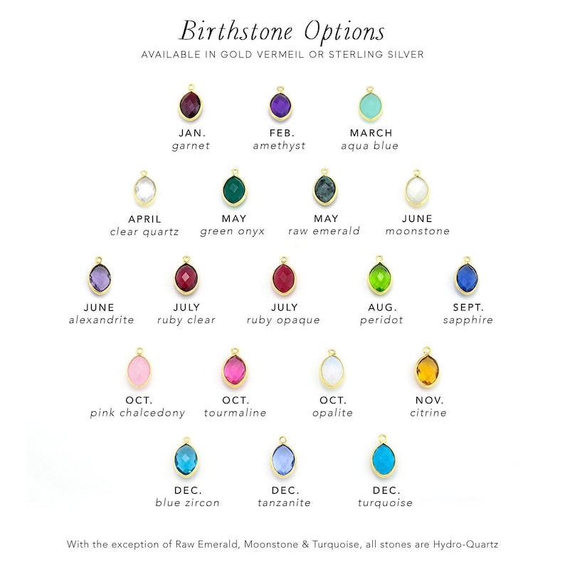 May include: Chart showing birthstone options for each month of the year. The chart features a colorful array of gemstones, including garnet, amethyst, aqua blue, clear quartz, green onyx, raw emerald, moonstone, alexandrite, ruby clear, ruby opaque, peridot, sapphire, pink chalcedony, tourmaline, opalite, citrine, blue zircon, tanzanite, and turquoise.