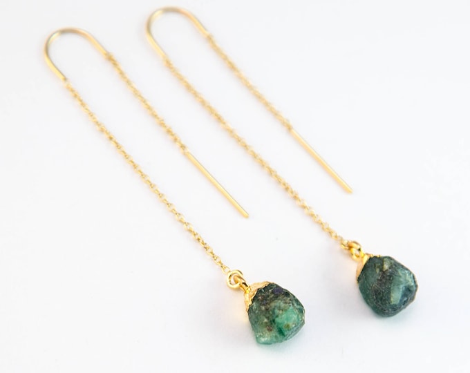 Raw Emerald Gemstone Drop Earrings, Natural Emerald Threader Earrings, May Birthstone Earrings, Gold Filled Birthday Gift for Her