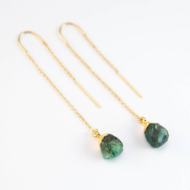 Raw Emerald Gemstone Drop Earrings, Natural Emerald Threader Earrings, May Birthstone Earrings, Gold Filled Birthday Gift for Her 
