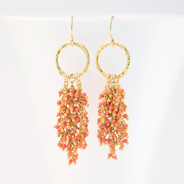 Coral Beaded Tassel Earrings, Beachy Gemstone Earrings, Bridesmaid Gift, Gold Hammered Hoop, Bauble Earrings, Statement Earrings, Cluster