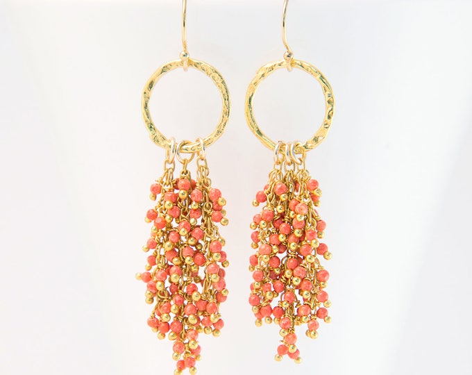 Coral Beaded Tassel Earrings, Beachy Gemstone Earrings, Bridesmaid Gift, Gold Hammered Hoop, Bauble Earrings, Statement Earrings, Cluster