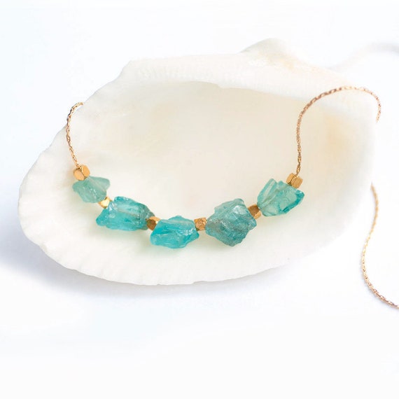 Raw Apatite Necklace, Natural Gemstone Necklace, Crystal Necklace, Boho Layering Choker, Birthday Gift for Her, Aqua Stone, BFF Gift