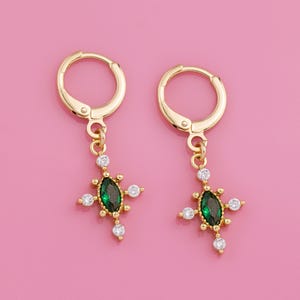 Dainty Emerald CZ Charm Huggies, Green Crystal Diamond Drop Hoops, Tiny Dangle Hoop Earrings, Simple Bridal Jewelry Birthstone Birthday Gift