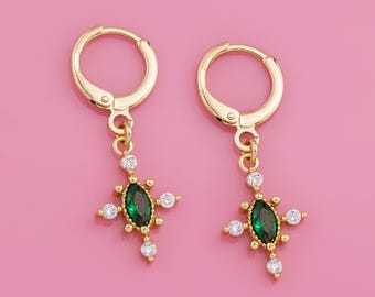 Dainty Emerald CZ Charm Huggies, Green Crystal Diamond Drop Hoops, Tiny Dangle Hoop Earrings, Simple Bridal Jewelry Birthstone Birthday Gift
