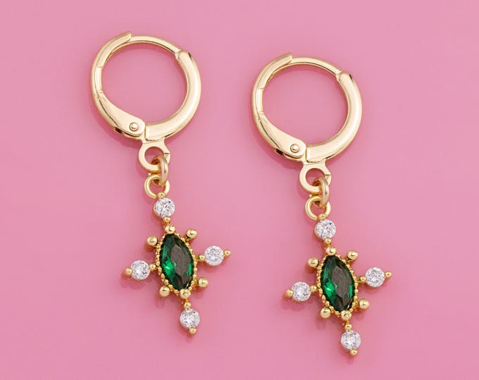 Dainty Emerald CZ Charm Huggies, Green Crystal Diamond Drop Hoops, Tiny Dangle Hoop Earrings, Simple Bridal Jewelry Birthstone Birthday Gift