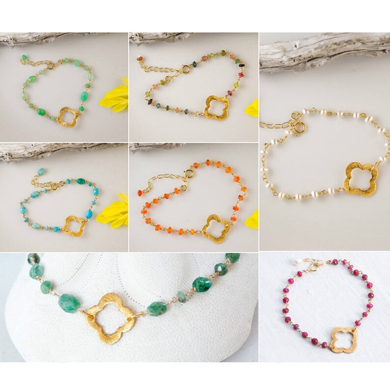 May include: A set of 6 bracelets with different colored gemstones and a gold clover charm. The bracelets are made with various stones, including green, blue, orange, white, and red.