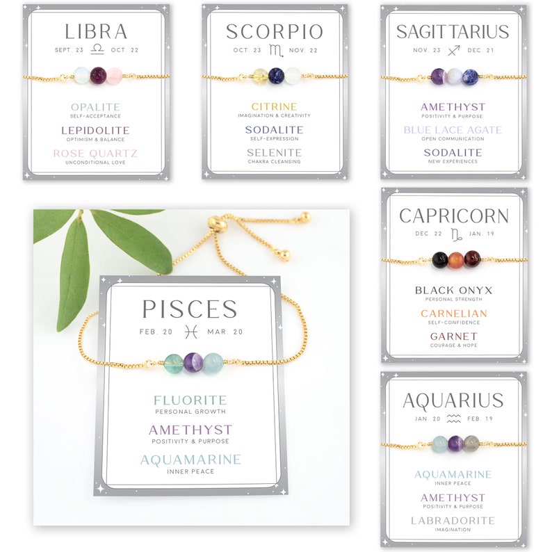 May include: A set of 12 zodiac-themed bracelets with gold chains and various gemstones. Each bracelet features a card with the zodiac sign, dates, and a list of gemstones with their corresponding meanings.