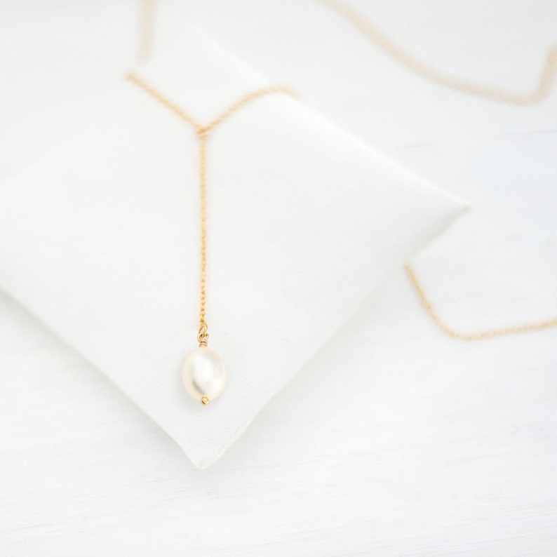 Dainty Pearl Drop Necklace, Minimalist Gold Filled Lariat, Bridesmaid Gift for Her, Rose Bridal Party Jewelry, Simple Layering Y Necklace image 2