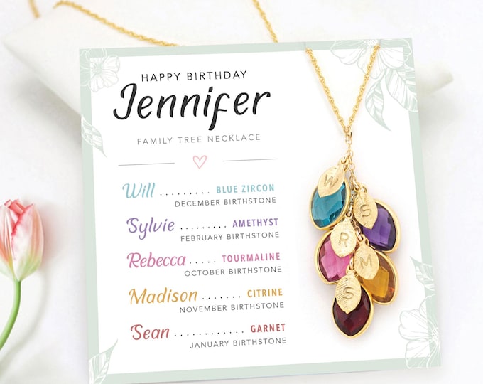 Mom Necklace Gift from Daughter, Happy Birthday Gift Card Necklace From Son, Unique Personalized Gift for Mom of 5 Multi Birthstone Necklace